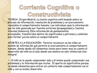 TEORIA: Origen Madrid, La teoría cognitiva está basada sobre un
proceso de información, resolución de problemas y un acercamiento
razonable al comportamiento humano. Los individuos usan la información
que ha sido generada por fuentes externas (propagandas) y fuentes
internas (memoria). Esta información da pensamientos
procesados, transferidos dentro de significados o patrones y combinan
para formar juicios sobre el comportamiento.
APORTES A LA EDUCACIÓN: Permite reconocer en los niños un
modelo de información que permite el acercamiento al comportamiento
humano, dando desde allí elementos claves para tener muy en cuenta el
desarrollo del niño en el aula desde una manera no solo intelectual sino
integral.
Al niño se le puede comprender más y él mismo puede comprender sus
problemas y la información que recibe. El aporte es significativo porque
va dando elementos para entrar en contacto más comportamental con el
niño y con su mismo desarrollo.

 