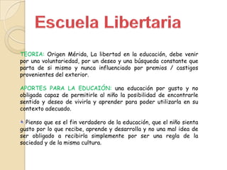 TEORIA: Origen Mérida, La libertad en la educación, debe venir
por una voluntariedad, por un deseo y una búsqueda constante que
parta de si mismo y nunca influenciado por premios / castigos
provenientes del exterior.
APORTES PARA LA EDUCAIÓN: una educación por gusto y no
obligada capaz de permitirle al niño la posibilidad de encontrarle
sentido y deseo de vivirla y aprender para poder utilizarla en su
contexto adecuado.
Pienso que es el fin verdadero de la educación, que el niño sienta
gusto por lo que recibe, aprende y desarrolla y no una mal idea de
ser obligado a recibirla simplemente por ser una regla de la
sociedad y de la misma cultura.

 