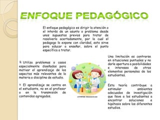 El enfoque pedagógico es dirigir la atención o
el interés de un asunto o problema desde
unos supuestos previos para tratar de
resolverlo acertadamente, por lo cual el
pedagogo lo expone con claridad, esto sirve
para educar o enseñar, sobre el punto
específico a tratar.

Utiliza problemas o casos
especialmente diseñados para
motivar el aprendizaje de los
aspectos más relevantes de la
materia o disciplina de estudio.
El aprendizaje se centra en
el estudiante, no en el profesor
o
en
la
transmisión
de
contenidos agregados.

Una limitación es centrarse
en situaciones puntuales y no
darle apertura a posibilidades
e
intereses
de
otros
elementos personales de los
estudiantes.
Esta teoría contribuye a
estimular
ambientes
adecuados de investigación
que lleve a los estudiantes a
encontrar
soluciones
e
hipótesis sobre los diferentes
estudios.

 