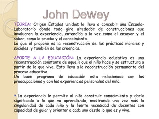 TEORIA: Origen Estados Unidos; lo lleva a concebir una EscuelaLaboratorio donde todo gire alrededor de construcciones que
involucren la experiencia, entendida a la vez como el ensayar y el
saber, como la prueba y el conocimiento.
Lo que el propone es la reconstrucción de las prácticas morales y
sociales, y también de las creencias.

APORTE A LA EDUCACIÓN: La experiencia educativa es una
reconstrucción constante de aquello que el niño hace y se estructura a
partir de lo que vive. Esto lleva a la reconstrucción permanente del
proceso educativo.
Un buen programa de educación esta relacionado con las
preocupaciones y con las experiencias personales del niño.
La experiencia le permite al niño construir conocimiento y darle
significado a lo que va aprendiendo, mostrando una vez más la
singularidad de cada niño y la fuerte necesidad de docentes con
capacidad de guiar y orientar a cada uno desde lo que es y vive.

 