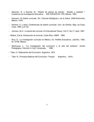 21
- Glazman, R. e Ibarrola, M., "Diseño de planes de estudio. Modelo y realidad ",
Cuadernos de Investigación Educativa, DIE-CINVESTAV, IPN, México, 1983.
- Guevara., El diseño curricular, Div. Ciencias Biológicas y de la Salud. UAM-Xochimilco,
México, 1976.
- Homero, C. y otros: Conferencias de diseño curricular. Univ. de Oriente. Stgo. de Cuba,
Cuba, 1995. p.21-25.
- Johnson, M.Jr.: La teoría del currículo. En Educational Theory, Vol.17, No.17, April, 1967.
- Molina, Z.et.al. Introducción al currículo. Costa Rica, UNED 1989.
- Ruíz, E.: La investigación curricular en México. En: Perfiles Educativos. Julio/Dic. 1992.
Nr. 57/58. México.
- Stenhouse, L., "La investigación del currículum y el arte del profesor", Acción
Pedagógica, Volumen 4 (1y2), Venezuela, 1996.
- Taba, H., Elaboración del Currículum, Argentina, 1974.
- Tyler, R., Principios Básicos del Currículum, Troquel, Argentina, 1973.
 