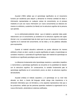 Ausubel (1963) señala que el aprendizaje significativo es el mecanismo
humano por excelencia para adquirir y almacenar la inmensa cantidad de ideas e
información representadas en cualquier campo de conocimiento; es el proceso
mediante el cual una nueva información (un nuevo conocimiento) se relaciona de
manera no arbitraria y sustantiva (no literal) con la estructura cognitiva de la persona
que aprende.


      La no arbitrariedad pretende indicar que el material a aprender debe poder
relacionarse con el conocimiento ya existente en la estructura cognitiva del sujeto
(formal o no). La sustantividad trata de decir que lo que se incorpora a la estructura
cognitiva es lo esencial del conocimiento, de las ideas y no las palabras utilizadas
para expresarlas.


      Cuando el material educativo solamente se puede relacionar de manera
arbitraria y lineal, es decir, cuando no aporta significados al sujeto, el aprendizaje se
considera mecánico o automático El significado lógico del material de aprendizaje se
transforma en significado psicológico para el individuo.


      La diferencia fundamental entre Aprendizaje mecánico o automático (repetitivo
o memorístico) y aprendizaje significativo se encuentra en la posibilidad de relación
con la estructura cognitiva. En consecuencia, la variable fundamental para el
aprendizaje significativo es el conocimiento previo, es decir, la estructura cognitiva
del estudiante.


      Ausubel enfatiza el método expositivo y el aprendizaje en su nivel más
elevado, es decir, a través del lenguaje verbal; otorga más importancia a la
dimensión informativa que a la formativa y a los aspectos reproductivos más que a
los productivos. señala que las personas aprenden mediante la organización de la
nueva información, ubicándola en sistemas codificados.



                                                                                       22
 