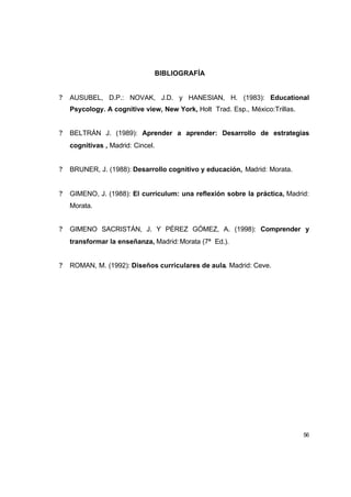BIBLIOGRAFÍA


?   AUSUBEL, D.P.: NOVAK, J.D. y HANESIAN, H. (1983): Educational
    Psycology. A cognitive view, New York, Holt Trad. Esp., México:Trillas.


?   BELTRÁN J. (1989): Aprender a aprender: Desarrollo de estrategias
    cognitivas , Madrid: Cincel.


?   BRUNER, J. (1988): Desarrollo cognitivo y educación, Madrid: Morata.


?   GIMENO, J. (1988): El currículum: una reflexión sobre la práctica, Madrid:
    Morata.


?   GIMENO SACRISTÁN, J. Y PÉREZ GÓMEZ, A. (1998): Comprender y
    transformar la enseñanza, Madrid: Morata (7ª Ed.).


?   ROMAN, M. (1992): Diseños curriculares de aula. Madrid: Ceve.




                                                                              56
 