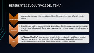 REFERENTES EVOLUTIVOS DEL TEMA
Renacimiento
• La dramaturgia recurrió a una adaptación del teatro griego para difundir el arte
escénico.
Siglo XVIII
• Se edificaron teatros monumentales. No obstante, los teatros y museos continuaban
en manos de la burguesía; los artesanos y obreros continuaron exponiendo su arte al
aire libre.
1880
• La “Casa del Pueblo” nace como un establecimiento educativo público no estatal.
Aparecen por primera vez en Rusia. El término fue cayendo paulatinamente en
desuso y gran parte de ellas se convirtieron en asociaciones obreras.
 