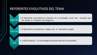 REFERENTES EVOLUTIVOS DEL TEMA
Siglo XX
• El desarrollo comunitario se convirtió en la estrategia social más invocada para
los países en situación de posguerra.
1920-1942
• El desarrollo comunitario se originó por el colonialismo inglés
1956
• La ONU produce “ La Carta Magna del Desarrollo de la Comunidad”
 