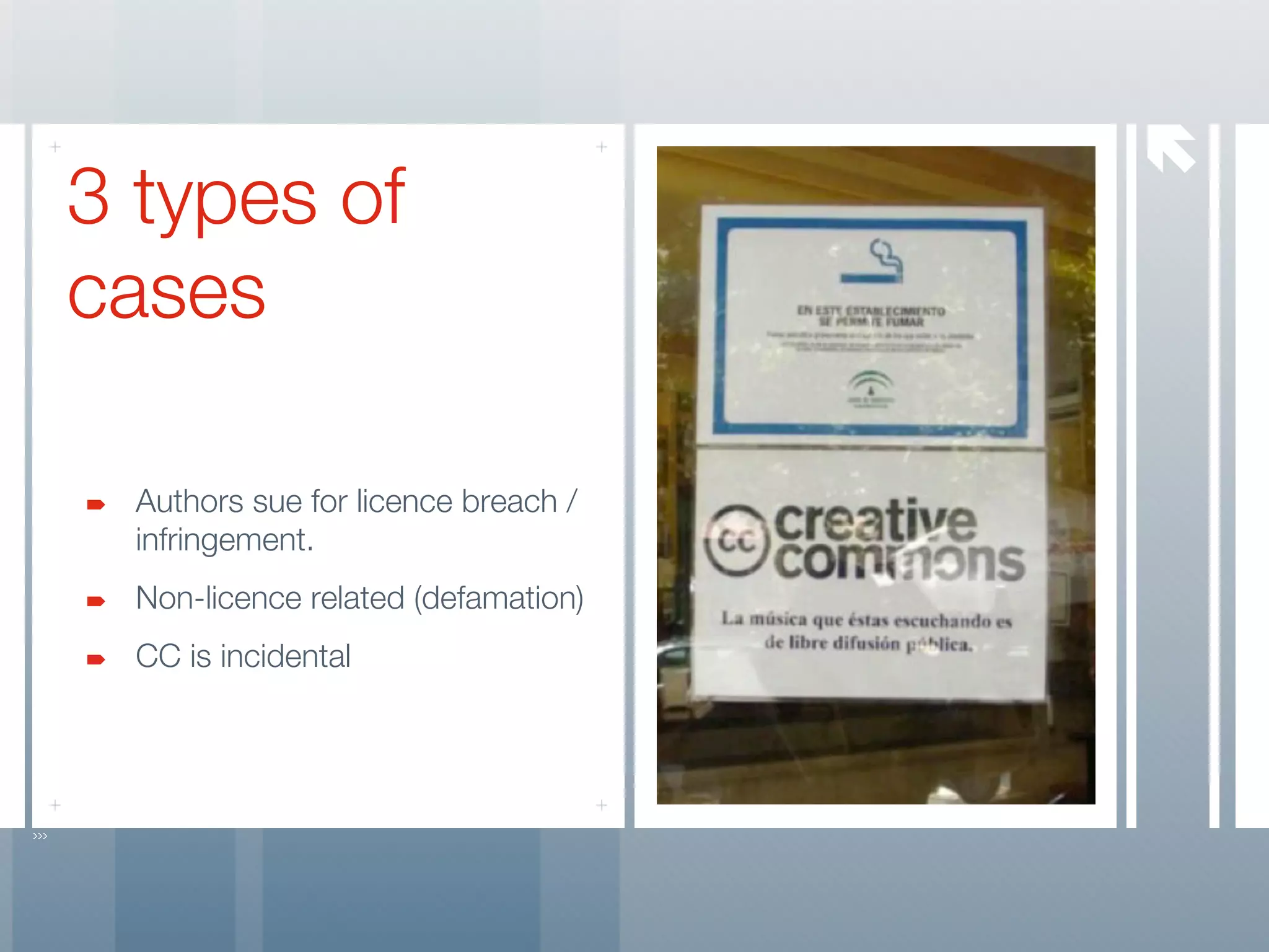 
3 types of
cases

  Authors sue for licence breach /
  infringement.
  Non-licence related (defamation)
  CC is incidental
 