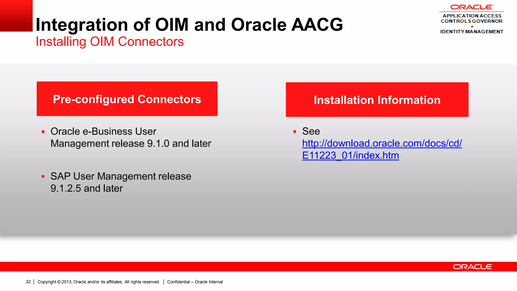 Copyright © 2013, Oracle and/or its affiliates. All rights reserved. Confidential – Oracle Internal32
Integration of OIM and Oracle AACG
Installing OIM Connectors
Installation InformationPre-configured Connectors
 Oracle e-Business User
Management release 9.1.0 and later
 SAP User Management release
9.1.2.5 and later
 See
http://download.oracle.com/docs/cd/
E11223_01/index.htm
 
