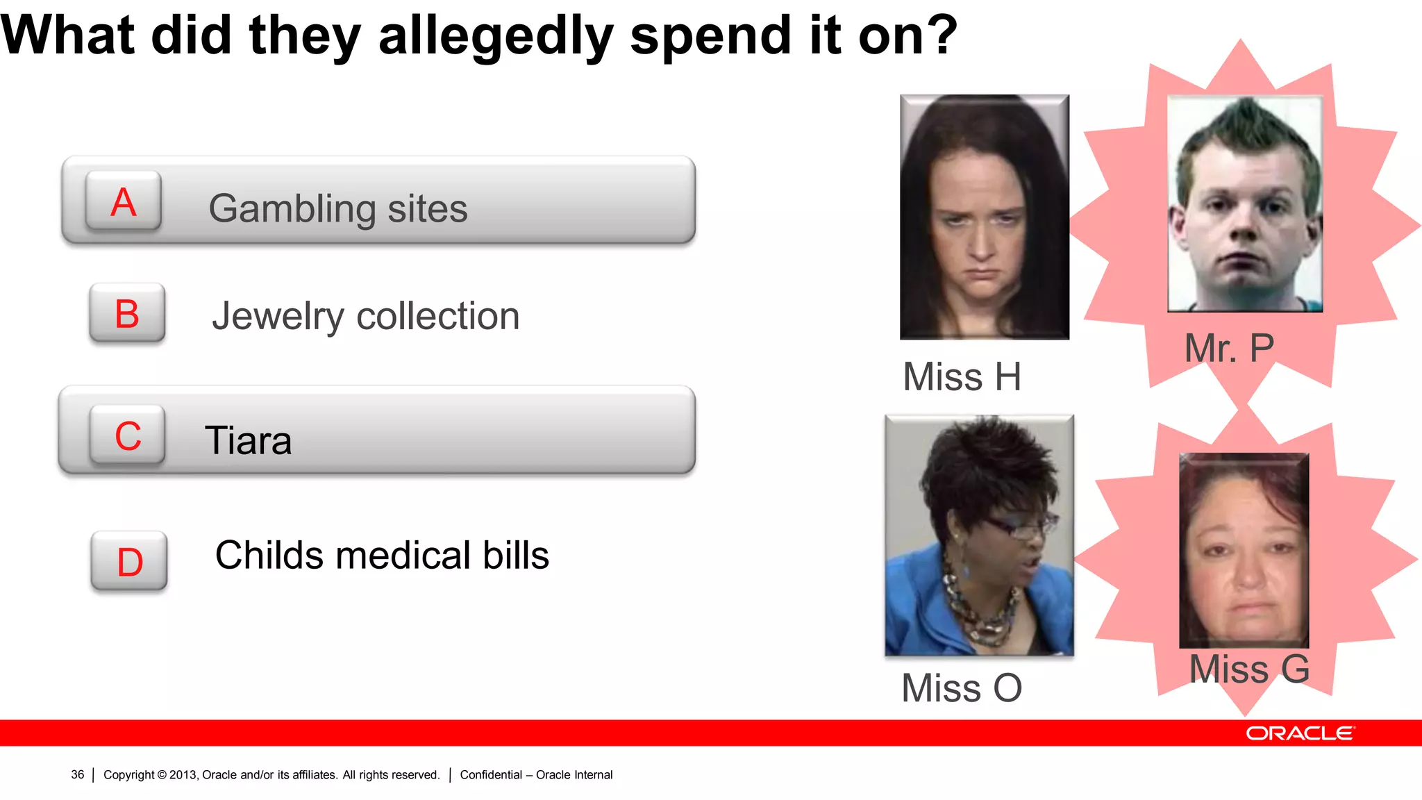 Copyright © 2013, Oracle and/or its affiliates. All rights reserved. Confidential – Oracle Internal36
What did they allegedly spend it on?
A
B
C
D Childs medical bills
Tiara
Gambling sites
Jewelry collection
Miss H
Miss O
Mr. P
Miss G
 