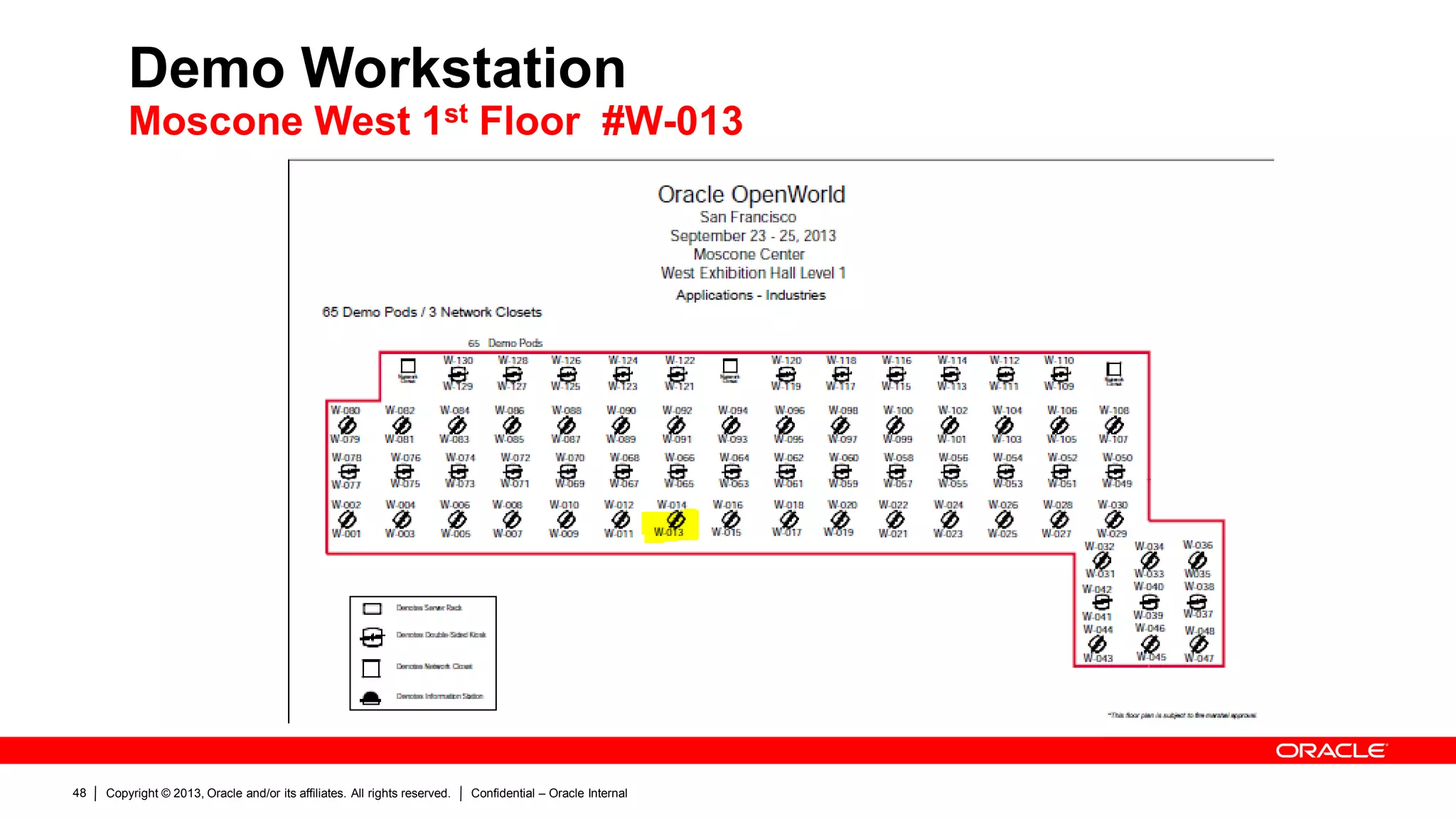 Copyright © 2013, Oracle and/or its affiliates. All rights reserved. Confidential – Oracle Internal48
Demo Workstation
Moscone West 1st Floor #W-013
 