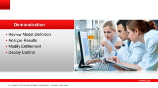 Copyright © 2013, Oracle and/or its affiliates. All rights reserved. Confidential – Oracle Internal24
 Review Model Definition
 Analyze Results
 Modify Entitlement
 Deploy Control
Demonstration
 