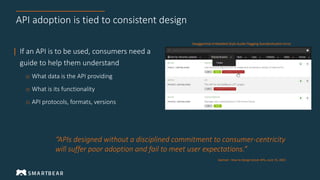 API adoption is tied to consistent design
| If an API is to be used, consumers need a
guide to help them understand
o What data is the API providing
o What is its functionality
o API protocols, formats, versions
Gartner: How to Design Great APIs, June 15, 2021
“APIs designed without a disciplined commitment to consumer-centricity
will suffer poor adoption and fail to meet user expectations.”
SwaggerHub Embedded Style Guide Flagging Standardization Error
 