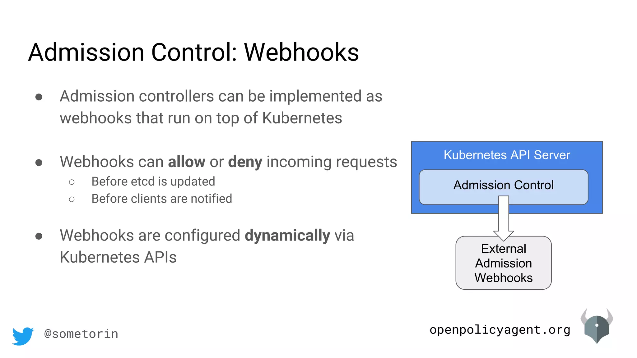 openpolicyagent.org@sometorin
Admission Control: Webhooks
● Admission controllers can be implemented as
webhooks that run on top of Kubernetes
● Webhooks can allow or deny incoming requests
○ Before etcd is updated
○ Before clients are notified
● Webhooks are configured dynamically via
Kubernetes APIs
Kubernetes API Server
Admission Control
External
Admission
Webhooks
 