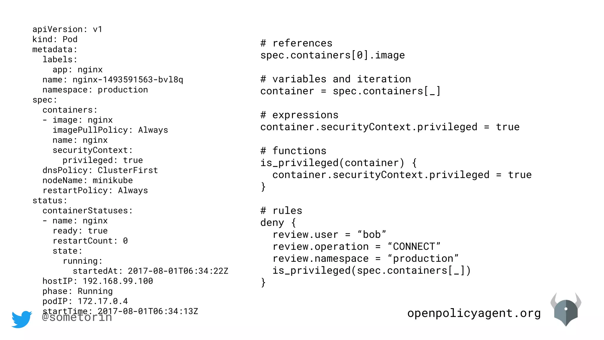 openpolicyagent.org@sometorin
apiVersion: v1
kind: Pod
metadata:
labels:
app: nginx
name: nginx-1493591563-bvl8q
namespace: production
spec:
containers:
- image: nginx
imagePullPolicy: Always
name: nginx
securityContext:
privileged: true
dnsPolicy: ClusterFirst
nodeName: minikube
restartPolicy: Always
status:
containerStatuses:
- name: nginx
ready: true
restartCount: 0
state:
running:
startedAt: 2017-08-01T06:34:22Z
hostIP: 192.168.99.100
phase: Running
podIP: 172.17.0.4
startTime: 2017-08-01T06:34:13Z
# references
spec.containers[0].image
# variables and iteration
container = spec.containers[_]
# expressions
container.securityContext.privileged = true
# functions
is_privileged(container) {
container.securityContext.privileged = true
}
# rules
deny {
review.user = “bob”
review.operation = “CONNECT”
review.namespace = “production”
is_privileged(spec.containers[_])
}
 