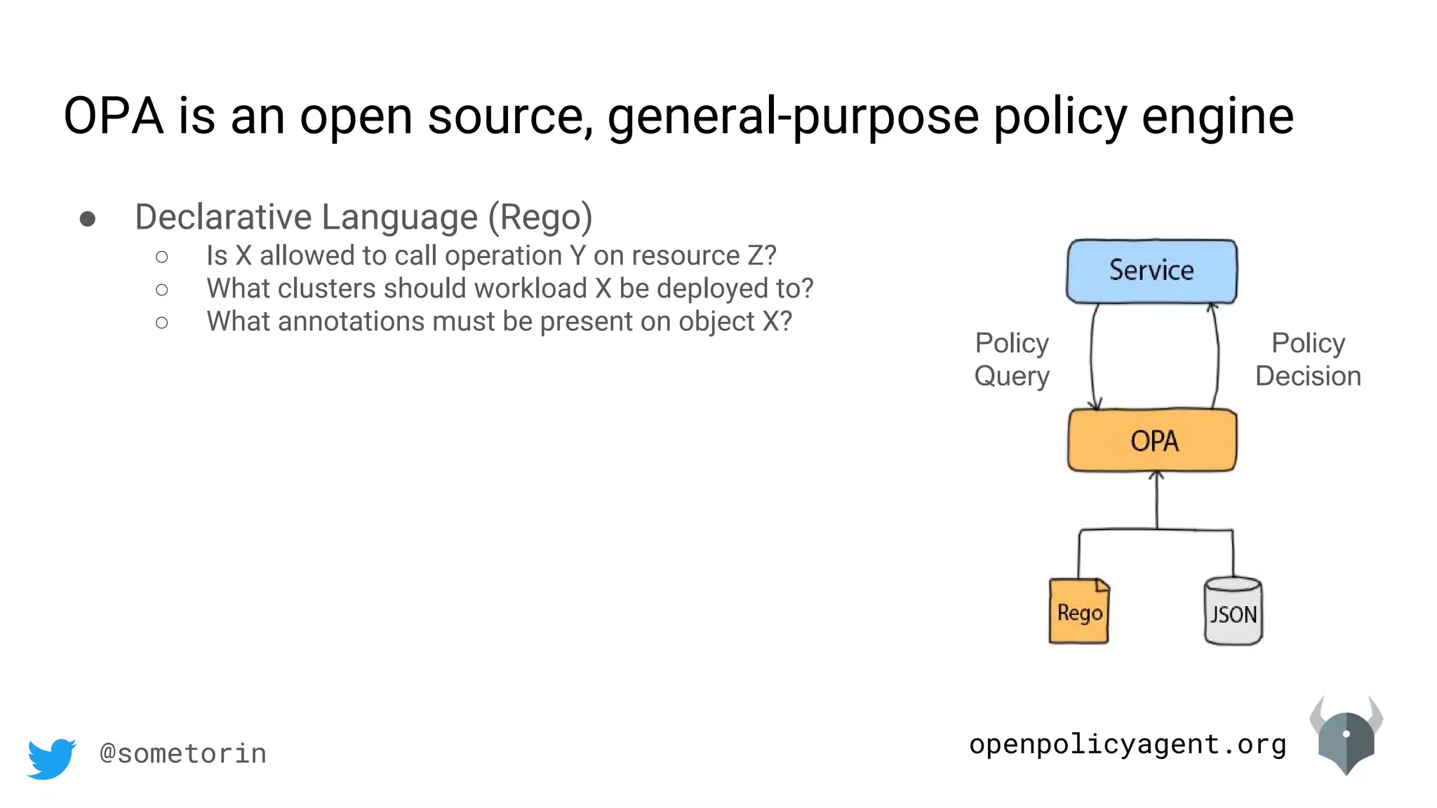 openpolicyagent.org@sometorin
OPA is an open source, general-purpose policy engine
Policy
Query
Policy
Decision
● Declarative Language (Rego)
○ Is X allowed to call operation Y on resource Z?
○ What clusters should workload X be deployed to?
○ What annotations must be present on object X?
 