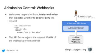 openpolicyagent.org@sometorin
Admission Control: Webhooks
● Webhooks respond with an AdmissionReview
that indicates whether to allow or deny the
request
kind: AdmissionReview
status:
allowed: false
reason:
message: “nice try bob -alice”
● The API Server rejects the request IF ANY of
the webhooks return a denial
Kubernetes API Server
Admission Control
External
Admission
Webhooks
$ kubectl exec
error: nice try bob -alice
 