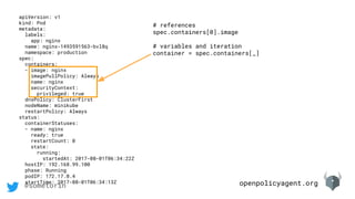 openpolicyagent.org@sometorin
apiVersion: v1
kind: Pod
metadata:
labels:
app: nginx
name: nginx-1493591563-bvl8q
namespace: production
spec:
containers:
- image: nginx
imagePullPolicy: Always
name: nginx
securityContext:
privileged: true
dnsPolicy: ClusterFirst
nodeName: minikube
restartPolicy: Always
status:
containerStatuses:
- name: nginx
ready: true
restartCount: 0
state:
running:
startedAt: 2017-08-01T06:34:22Z
hostIP: 192.168.99.100
phase: Running
podIP: 172.17.0.4
startTime: 2017-08-01T06:34:13Z
# references
spec.containers[0].image
# variables and iteration
container = spec.containers[_]
 
