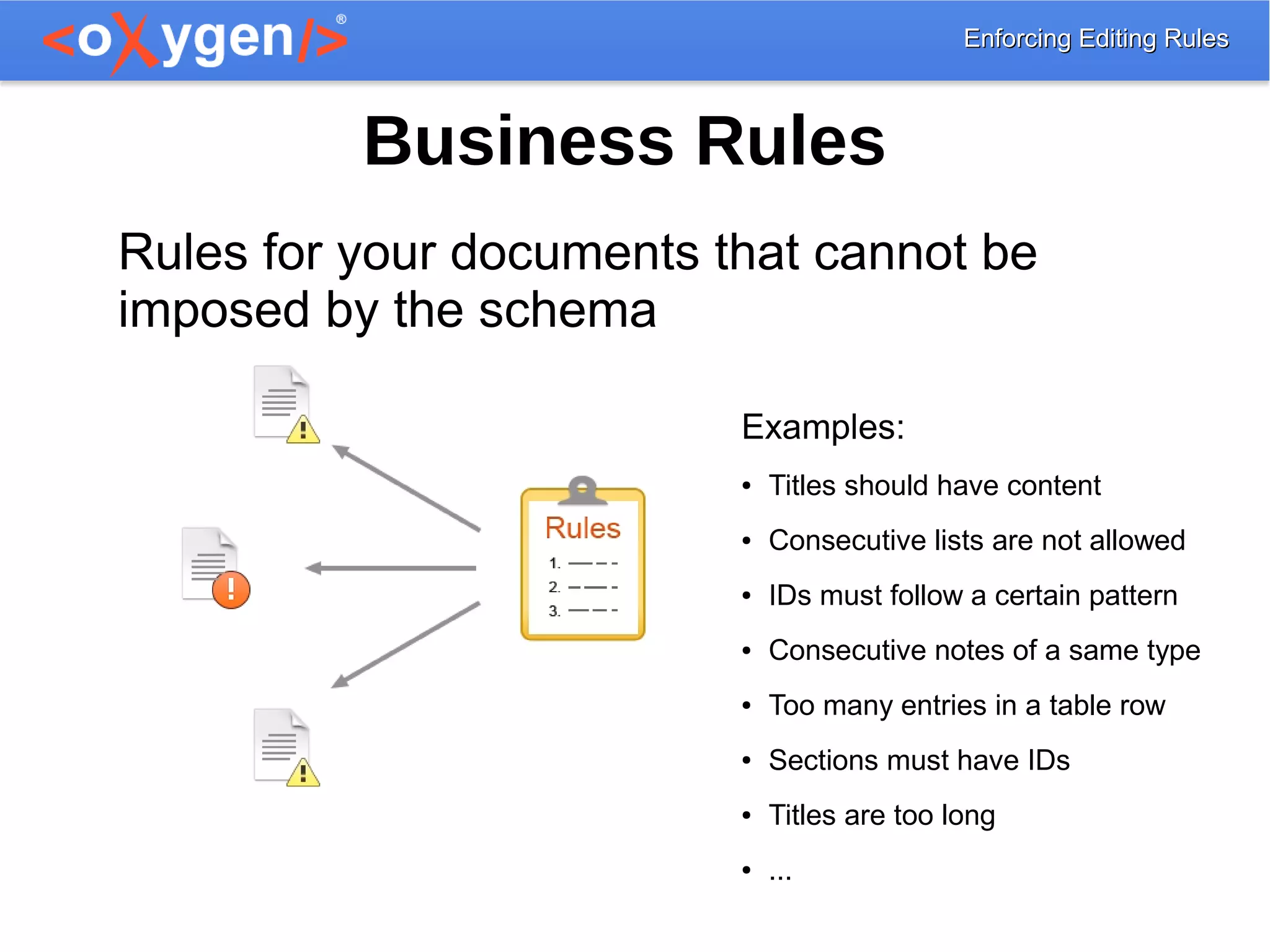 Enforcing Editing RulesEnforcing Editing Rules
Business Rules
Rules for your documents that cannot be
imposed by the schema
Examples:
● Titles should have content
● Consecutive lists are not allowed
● IDs must follow a certain pattern
● Consecutive notes of a same type
● Too many entries in a table row
● Sections must have IDs
● Titles are too long
● ...
 