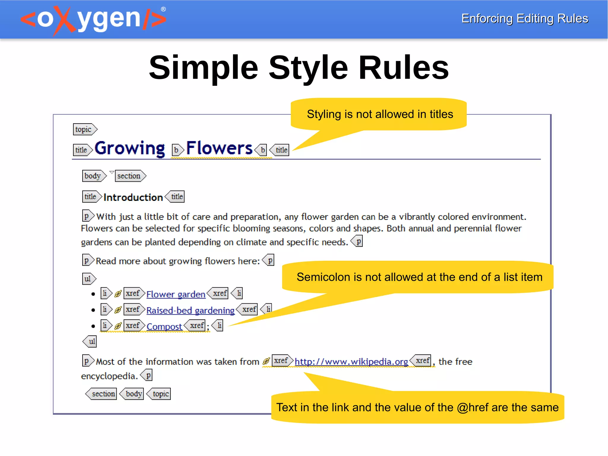 Enforcing Editing RulesEnforcing Editing Rules
Simple Style Rules
Styling is not allowed in titles
Semicolon is not allowed at the end of a list item
Text in the link and the value of the @href are the same
 