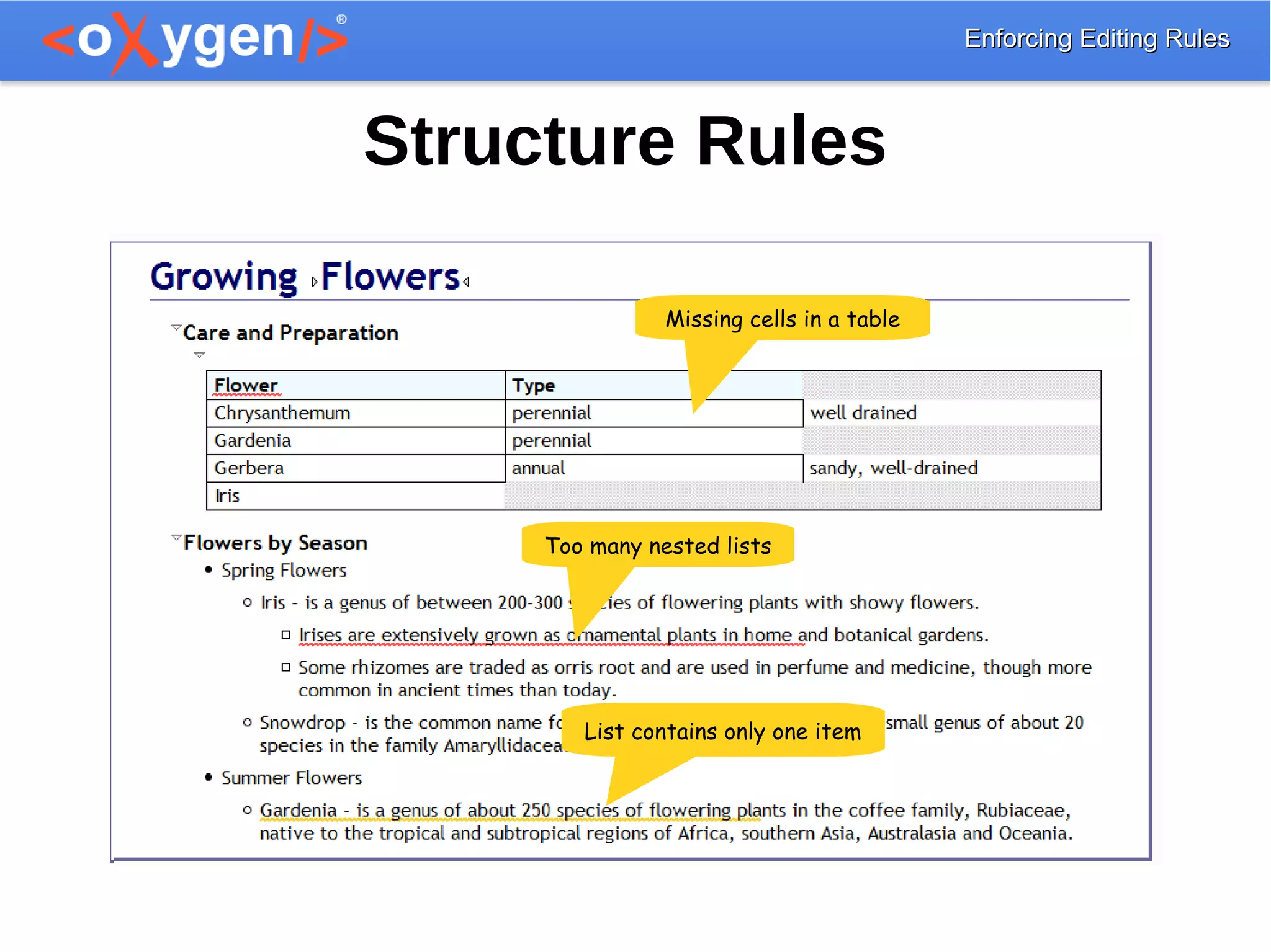 Enforcing Editing RulesEnforcing Editing Rules
Structure Rules
Missing cells in a table
Too many nested lists
List contains only one item
 