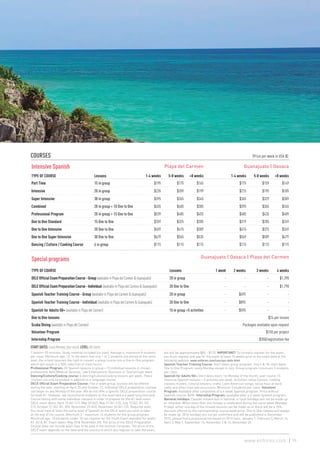 COURSES 					 (Price per week in USA $)
Intensive Spanish Playa del Carmen Guanajuato | Oaxaca
TYPE OF COURSE Lessons 1-4 weeks 5-8 weeks +8 weeks 1-4 weeks 5-8 weeks +8 weeks
Part Time 15 in group $195 $175 $165 $175 $159 $149
Intensive 20 in group $235 $209 $199 $215 $195 $185
Super Intensive 30 in group $395 $365 $345 $365 $329 $309
Combined 20 in group + 10 One to One $455 $405 $385 $395 $365 $345
Professional Program 20 in group + 15 One to One $539 $485 $455 $485 $435 $409
One to One Standard 15 One to One $359 $325 $305 $319 $285 $269
One to One Intensive 20 One to One $459 $415 $389 $415 $375 $349
One to One Super Intensive 30 One to One $629 $565 $535 $569 $509 $479
Dancing / Culture / Cooking Course 6 in group $115 $115 $115 $115 $115 $115
Special programs Guanajuato | Oaxaca | Playa del Carmen
TYPE OF COURSE Lessons 1 week 2 weeks 3 weeks 4 weeks
DELE Official Exam Preparation Course - Group (available in Playa del Carmen & Guanajuato) 20 in group - - - $1,390
DELE Official Exam Preparation Course - Individual (available in Playa del Carmen & Guanajuato) 20 One to One - - - $1,790
Spanish Teacher Training Course - Group (available in Playa del Carmen & Guanajuato) 20 in group - $695 - -
Spanish Teacher Training Course - Individual (available in Playa del Carmen & Guanajuato) 20 One to One - $895 - -
Spanish for Adults 50+ (available in Playa del Carmen) 15 in group +5 activities - $595 - -
One to One lessons $24 per lesson
Scuba Diving (available in Playa del Carmen) Packages available upon request
Volunteer Program $150 per project
Internship Program $350/registration fee
START DATES: Every Monday, year-round. LEVEL: All levels
1 lesson= 55 minutes. Study material included (on loan). Average 4, maximum 8 students
per class. Minimum age: 16. In the event that only 1 or 2 students are placed at the same
level, the school reserves the right to convert a group course into a One to One program
which will result in a 50% reduction of class hours.
Professional Program: 20 Spanish lessons in group + 15 individual lessons in chosen
professional field (Medical Services, Law Enforcement, Business or Tourism) per week.
Dancing/Culture/Cooking course: 6 dancing/culture/cooking lessons per week. These
courses can only be booked in addition to a language course.
DELE Official Exam Preparation Course: Two 4-week group courses will be offered
during the year, starting on April 25 and October 31. Individual DELE preparation courses
can begin on any Monday of the year. We do not offer a specific DELE preparation course
for level A1. However, we recommend students at this level take a 4 week long Intensive
Course (along with some individual classes) in order to prepare for the A1 level exam.
DELE exam dates: April 15 (A1-C1); May 20 (A2); May 21 (A1-C2); July 15 (A2, B1, B2,
C1); October 21 (A2, B1, B2); November 25 (A2); November 26 (A1-C2). Required level:
You must have at least the same level of Spanish as the DELE exam you wish to take
at the end of the course. Minimum 3 - maximum 14 students for the group program.
Minimum age: 18 (students under 18 can register for the Youth Exam available for levels
A1, A2 & B1. Exam dates: May 20 & November 25). The price of the DELE Preparation
Course does not include exam fees to be paid to the Instituto Cervantes. The price of the
DELE exam depends on the level and the country in which you register to take the exam,
but will be approximately $85 - $170. IMPORTANT! To formally register for the exam,
you must register and pay for the exam at least 10 weeks prior to the exam date at the
following website: www.enforex.com/courses-dele.html
Spanish Teacher Training Course: Start dates group program: July 4 & 18; start dates
One to One Program: every Monday except in July. Group program: minimum 3 students
per class.
Spanish for Adults 50+: Start dates every 1st Monday of the month, year-round. 15
intensive Spanish lessons + 5 activities per week. Activities: salsa classes, cooking
classes, movies, cultural lessons, crafts, Latin American songs, social hour at local
cafés and other trips and excursions. Minimum 3 students per class. Volunteer
Program: Available after completion of a 4-week Spanish program. Price without
Spanish course: $495. Internship Program: available after a 4-week Spanish program.
National holidays: Classes missed due to national or local holidays will not be made up
or refunded. When more than one holiday is celebrated during the same week (Monday-
Friday), either one day of the missed lessons can be made up or there will be a 10%
discount offered on the corresponding course week price. One to One classes will always
be made up. 2016 holidays are not yet confirmed and will be published in December
2015, please find a provisional list based on 2015 here: January 1, February 5, March 16,
April 3, May 1, September 16, November 2 & 16, December 25.
99www.enforex.com
 