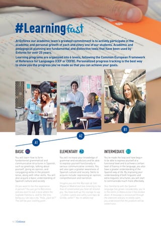 BASIC
You will learn how to form
fundamental grammatical and
communicative structures in Spanish,
such as greetings, talking about
yourself, giving an opinion, and
conjugating verbs in the present
tense, along with other skills. You will
also acquire a basic understanding of
Spanish culture and society.
Do you want to live this experience
in person? You just got to Barcelona
and you want to ask a local where the
Sagrada Familia is, and for the time
being you can say a shy “Hola, ¿Qué tal?”
This will be your starting point.
ELEMENTARY
You will increase your knowledge of
grammar and vocabulary and be able
to express yourself functionally in
various communicative contexts. You
will also gain a greater awareness of
Spanish culture and society. Skills to
acquire include: expressing an opinion,
comprehension and narration.
Imagine you visit the Mercado de San
Miguel in Madrid and love listening to the
flow of conversation you hear all around
you. You have built up the courage to say
“¿Cuánto cuesta una caña y una tapa de
tortilla, señor?” You’re advancing!
INTERMEDIATE
You’ve made the leap and have begun
to be able to express yourself at a
functional level and to achieve a certain
level of fluency in the language; you also
have a greater understanding of the
Spanish way of life. By improving your
understanding of both linguistic and
extra linguistic structures, you will start
to communicate much more effectively.
Your familiarity with the Spanish
language has grown considerably; you’re
in the metro in Valencia but it has broken
down. A message is announced through
the intercom and you’re totally calm;
you understood that the problem will be
solved soon.
#LearningFast
At Enforex our academic team’s greatest commitment is to actively participate in the
academic and personal growth of each and every one of our students. Academic and
pedagogical planning are fundamental and distinctive tools that have been used by
Enforex for over 25 years.
Learning programs are organized into 6 levels, following the Common European Framework
of Reference for Languages (CEF or CEFR). Personalized progress tracking is the best way
to show you the progress you’ve made so that you can achieve your goals.
18
 