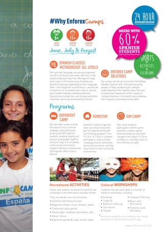 • Cooking
• Juggling
• Ballroom Dancing
• Journalism
• Theater
• Lifeguard Training
• Music and
Percussion
• Flamenco and
Sevillanas
#WhyEnforexCamps
Cultural WORKSHOPS
Students may also participate in a number of
hands-on workshops, including:
Recreational ACTIVITIES
Indoor and outdoor recreational activities are
scheduled in the afternoons and after dinner.
They include but are not limited to:
• Contests and treasure hunts
• Nighttime shows: music, theater, talent...
• Traditional camp games
• Theme days: Cowboys and Indians, 60’s...
• Camp “discos”
• Nighttime games & scary-theme nights
OVERNIGHT
	CAMP
Our overnight camps embody
the essence of our summer
language camp philosophy:
by living with 60% Spanish
students, studying, playing and
practicing languages together
24 hours a day, in a completely
multicultural environment,
campers will learn interpersonal
and linguistic skills to last a
lifetime.
HOMESTAY
Students 14 years of age and
older can choose to become
part of a Spanish family with
our homestay program. From
9:15 a.m. to 7:30 p.m. students
participate in camp activities
-language lessons, workshops,
sports and excursions- but they
return home to their host family
at dinnertime.
DAY CAMP
Day camp students
participate in all the same
activities, classes, sports
and workshops as overnight
campers from about 9:15 a.m.
to 8:00 p.m., but they return to
their families at night.
*Workshop availability and scheduling may change
depending on the camp and students’ ages.
SPANISH CLASSES
	 METHODOLOGY. ALL LEVELS
Our summer language courses are organized
into 20 to 25 lessons per week, with four or five
lessons held each day from Monday to Friday.
Each class is 45 minutes long. Students are
placed into groups depending on their language
level —from beginner to proficiency— and we set
a maximum of 14 students per class to ensure
each student receives individual attention.
Camp prices include the cost of books and other
materials, which are distributed by Enforex.
ENFOREX CAMP
	OBJETIVES
Our camps are set up to promote friendships
between Spanish and international young
people, to helps students gain a deeper
understanding of the Spanish way of life and
increase their awareness of the variety of
cultures that exist in the world, and to develop
their linguistic and interpersonal skills.
5+
KIDS
5 to 10
11+
JUNIOR
11 to 14
SENIOR
15 to 18
15+
Programs
June, July & August
67www.enforex.com
 