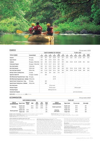 COURSES 					 (Price per week in USA $)
SANTO DOMINGO DE HEREDIA PLAYA JACÓ
TYPE OF COURSE Lessons/week 1
week
2
weeks
3
weeks
4
weeks
5-8
weeks
+8
weeks
1
week
2
weeks
3
weeks
4
weeks
5-8
weeks
extra
weeks
Intensive 20 in group $225 $510 $765 $1,020 $229 $215 $310 $620 $910 $1,200 $294 $240
Super Intensive 30 in group $395 $790 $1,185 $1,580 $355 $335 - - - - - -
Combined 20 in group + 10 One to One $465 $930 $1,395 $1,860 $419 $395 $530 $1,060 $1,570 $2,080 $514 $460
Professional Program 20 in group + 15 One to One $559 $1,118 $1,677 $2,236 $499 $475 - - - - - -
One to One Standard 15 One to One $359 $718 $1,077 $1,436 $325 $299 - - - - - -
One to One Intensive 20 One to One $459 $918 $1,377 $1,836 $409 $389 $520 $1,040 $1,560 $2,080 $480 $440
One to One Super Intensive 30 One to One $629 $1,258 $1,887 $2,516 $565 $535 $750 $1,500 $2,250 $3,000 $690 $660
Dancing / Culture / Cooking Course 6 in group $115 $230 $345 $460 $115 $115 - - - - - -
Spanish for Adults 50+ 15 in group + 5 activities - $640 - - - - - - - - - -
DELE Official Exam Preparation Course - Group 20 in group - - - $1,390 - - - - - - - -
DELEOfficialExamPreparationCourse-Individual 20 One to One - - - $1,790 - - - - - - - -
Spanish Teacher Training Course - Group 20 in group - $695 - - - - - - - - - -
Spanish Teacher Training Course - Individual 20 One to One - $895 - - - - - - - - - -
One to One lessons $22 per lesson -
Volunteer Program $150 per project $150 per project
Internship Program $350/registration fee -
Intensive Surf & Spanish - ask for more information
START DATES: Every Monday, year-round. LEVEL: All levels
SANTO DOMINGO DE HEREDIA AND PLAYA JACÓ:
Santo Domingo de Heredia: 1 lesson= 55 minutes, Playa Jacó:1
lesson= 50 minutes.
Study material included (on loan).
Average 4 - maximum 8 students per class.
Minimum age: 16. In the event that no other students are placed
at the same level, the school reserves the right to convert a
group course into a One to One program which will result in a
50% reduction of class hours.
SANTO DOMINGO DE HEREDIA:
Dancing/Culture/Cooking course: 6 dancing/culture/cooking
lessons per week. These courses can only be booked in addition
to a language course.
Professional Program: 20 Spanish lessons in group + 15
individual lessons in chosen professional field (Medical Services,
Law Enforcement, Business or Tourism) per week.
DELE Official Exam Preparation Course: Two 4-week group
courses will be offered during the year which will start April 25
and October 31. Individual DELE preparation courses can begin
on any Monday throughout the year. We do not offer a specific
DELE preparation course for level A1. However, we recommend
students at this level take a 4 week long Intensive Course (along
with some individual classes) in order to prepare for the A1 level
exam. DELE exam dates: April 15 (A1-C1); May 20 (A2); May
21 (A1-C2); July 15 (A2, B1, B2, C1); October 21 (A2, B1, B2);
November 25 (A2); November 26 (A1-C2). Required level: You
must have at least the same level of Spanish as the DELE exam
you wish to take at the end of the course.
Minimum 3 - maximum 14 students for the group program.
Minimum age: 18 (students under 18 can register for the Youth
Exam available for levels A1, A2 & B1. Exam dates: May 20 &
November 25). The price of the DELE Preparation Course does
not include exam fees to be paid to the Instituto Cervantes. The
price of the DELE exam depends on the level and the country in
which you register to take the exam, but will be approximately
$85 - $170.
IMPORTANT! To formally register for the exam, you must register
and pay for the exam at least 10 weeks prior to the exam date at
the following website:
www.enforex.com/courses-dele.html
Spanish Teacher Training Course: Start dates group program: July 4 &
18; start dates One to One program: every Monday except in July.
Group program: minimum 3 students per class.
Volunteer Program: Available after completion of a 4-week
Spanish program. Price without Spanish course: $495.
Internship Program: Available after a 4-week Spanish program.
SANTO DOMINGO DE HEREDIA
TYPE OF
ACCOMMODATION Type of room Without
meals B&B Half
board
Full
board
Extra
night
Homestay
Double room - $145 $155 $180 $27
Single room - $155 $165 $190 $27
Shared apartment
Double room $145 - - - $35
Single room $195 - - - $35
PLAYA JACÓ
TYPE OF
ACCOMMODATION Type of room Price per week Extra night
Student apartments
Double room $120 $20
Single room $170 $30
Homestay
(Half board)
Double room $150 $25
Single room $190 $30
Double room in homestay: Only available for two students traveling together.
Double room in shared apartment: Shared with another student.
Airport pick-up: $45 per person, per trip.
ACCOMMODATION 					 (Price per week in USA $)
Airport pick-up: $125 per person, per trip.
Late arrival package (for flights arriving after 7:30 p.m.): $200.
89www.enforex.com
 