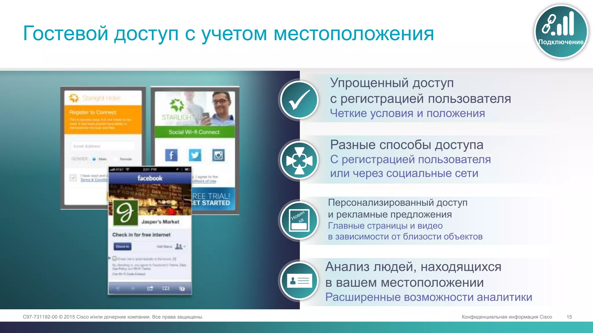 Конфиденциальная информация Cisco 15C97-731192-00 © 2015 Cisco и/или дочерние компании. Все права защищены.
Гостевой доступ с учетом местоположения Подключение
Упрощенный доступ
с регистрацией пользователя
Четкие условия и положения
Разные способы доступа
С регистрацией пользователя
или через социальные сети
Анализ людей, находящихся
в вашем местоположении
Расширенные возможности аналитики
Персонализированный доступ
и рекламные предложения
Главные страницы и видео
в зависимости от близости объектов
 