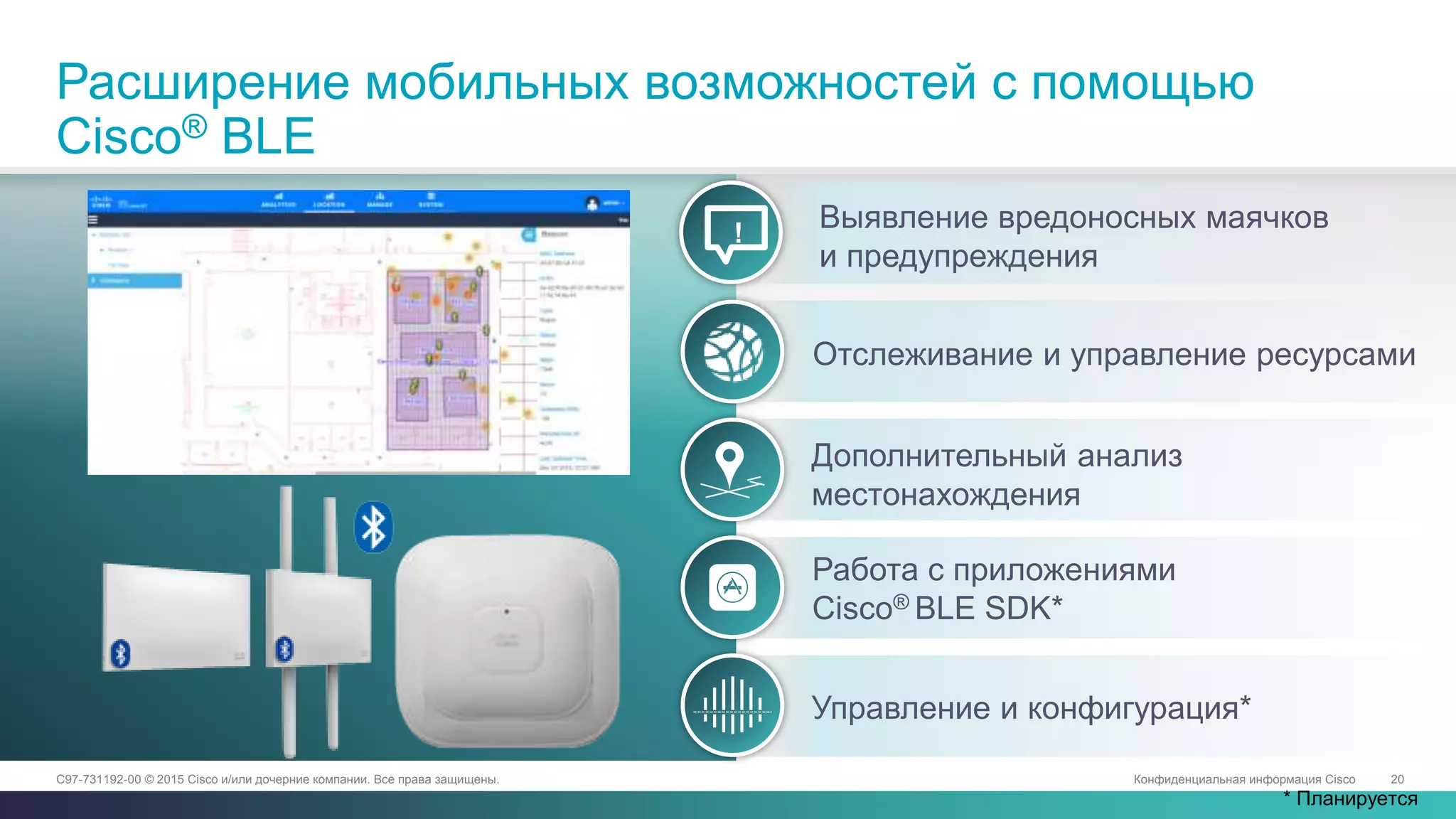 Конфиденциальная информация Cisco 20C97-731192-00 © 2015 Cisco и/или дочерние компании. Все права защищены.
Расширение мобильных возможностей с помощью
Cisco® BLE
Управление и конфигурация*
Дополнительный анализ
местонахождения
Выявление вредоносных маячков
и предупреждения
Отслеживание и управление ресурсами
Работа с приложениями
Cisco® BLE SDK*
!
* Планируется
 