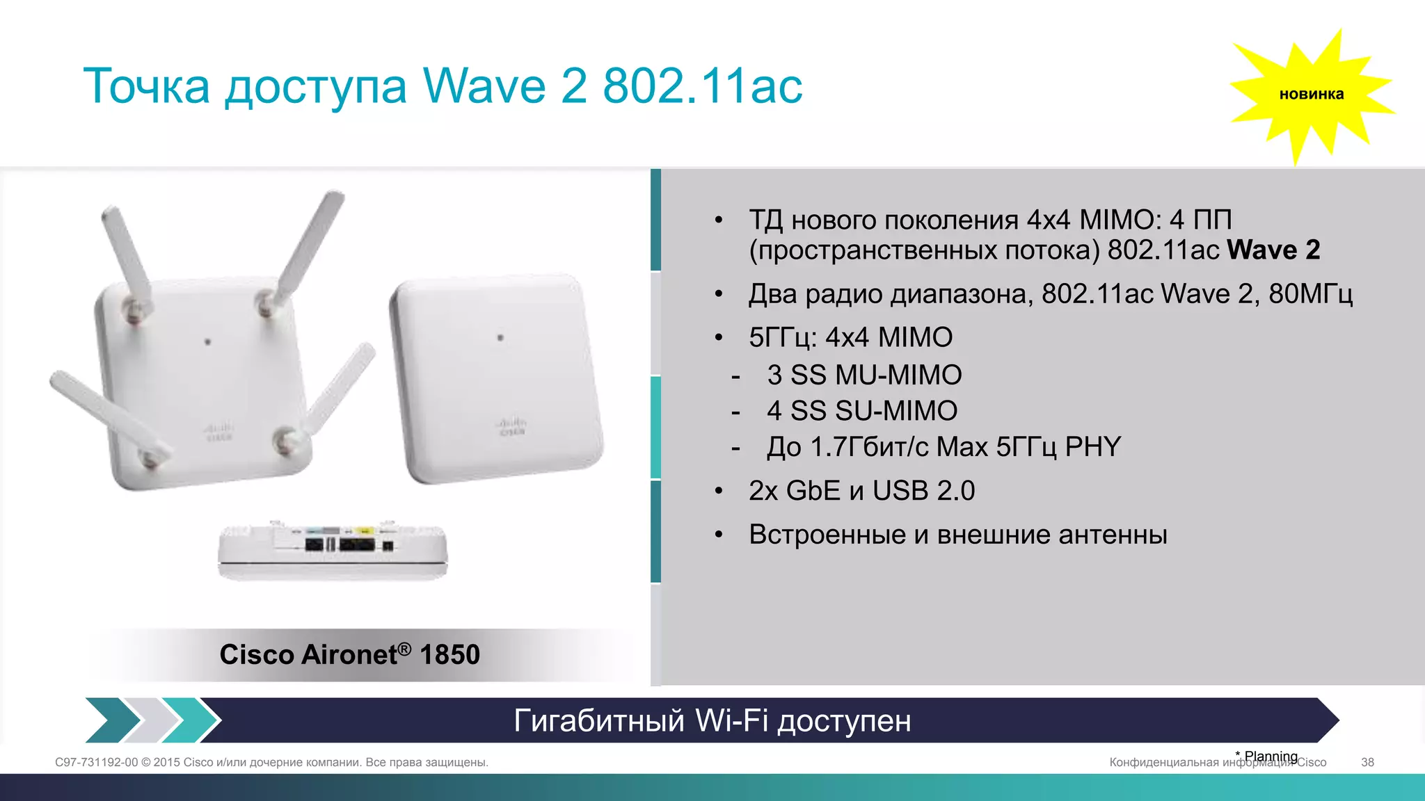 Конфиденциальная информация Cisco 38C97-731192-00 © 2015 Cisco и/или дочерние компании. Все права защищены.
Точка доступа Wave 2 802.11ac
Cisco Aironet® 1850
* Planning
• ТД нового поколения 4x4 MIMO: 4 ПП
(пространственных потока) 802.11ac Wave 2
• Два радио диапазона, 802.11ac Wave 2, 80МГц
• 5ГГц: 4x4 MIMO
- 3 SS MU-MIMO
- 4 SS SU-MIMO
- До 1.7Гбит/с Max 5ГГц PHY
• 2x GbE и USB 2.0
• Встроенные и внешние антенны
Гигабитный Wi-Fi доступен
новинка
 