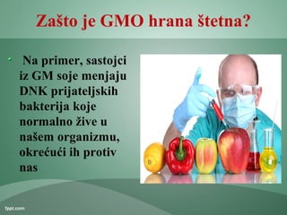 Zašto je GMO hrana štetna?
Na primer, sastojci
iz GM soje menjaju
DNK prijateljskih
bakterija koje
normalno žive u
našem organizmu,
okrećući ih protiv
nas
 