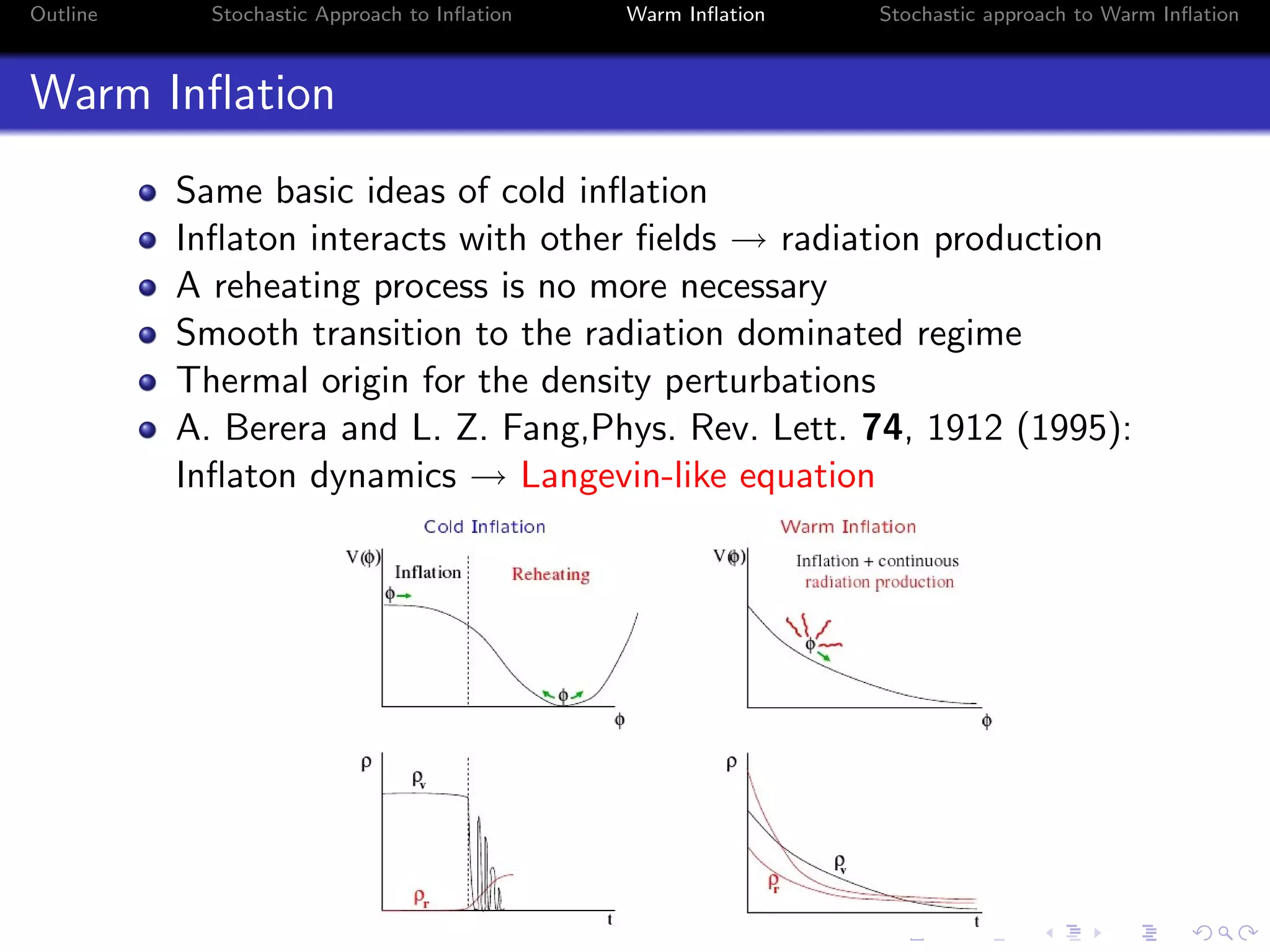 Outline Stochastic Approach to Inﬂation Warm Inﬂation Stochastic approach to Warm Inﬂation
Warm Inﬂation
Same basic ideas of cold inﬂation
Inﬂaton interacts with other ﬁelds → radiation production
A reheating process is no more necessary
Smooth transition to the radiation dominated regime
Thermal origin for the density perturbations
A. Berera and L. Z. Fang,Phys. Rev. Lett. 74, 1912 (1995):
Inﬂaton dynamics → Langevin-like equation
 