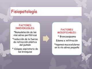 Fisiopatología
FACTORES
IRREVERSIBLES:
*Remodelación de las
vías aérea periféricas
*reducción de la fuerza
de retracción elástica
del pulmón
* Colapso espiratorio de
los bronquios
FACTORES
MODIFICABLES:
* Broncoespasmo
Edema e infiltración
*tapones mucocelulares
en la vía aérea pequeña
 
