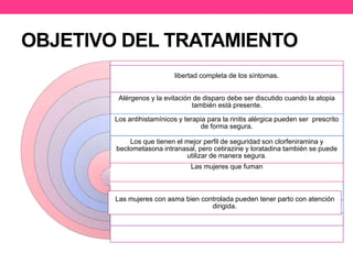 OBJETIVO DEL TRATAMIENTO 
libertad completa de los síntomas. 
Alérgenos y la evitación de disparo debe ser discutido cuando la atopia 
también está presente. 
Los antihistamínicos y terapia para la rinitis alérgica pueden ser prescrito 
de forma segura. 
Los que tienen el mejor perfil de seguridad son clorfeniramina y 
beclometasona intranasal, pero cetirazine y loratadina también se puede 
utilizar de manera segura. 
Las mujeres que fuman 
Las mujeres con asma bien controlada pueden tener parto con atención 
dirigida. 
 