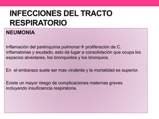 INFECCIONES DEL TRACTO 
RESPIRATORIO 
NEUMONIA 
Inflamación del parénquima pulmonar proliferación de C. 
inflamatorias y exudado, esto da lugar a consolidación que ocupa los 
espacios alveolares, los bronquiolos y los bronquios. 
En el embarazo suele ser mas virulenta y la mortalidad es superior. 
Existe un mayor riesgo de complicaciones maternas graves 
incluyendo insuficiencia respiratoria. 
 