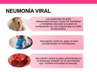 NEUMONÍA VIRAL 
Las epidemias de gripe 
estacionalesmayor riesgo de morbilidad 
y mortalidad asociada a la gripe en 
comparación con las mujeres que no están 
embarazadas. 
Vacunación contra la gripe no está 
contraindicado en el embarazo. 
Vacunación contra la gripe administrada en 
el embarazo también se ha demostrado 
que confiere inmunidad al neonato. 
 