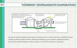 Se trata de espacios abiertos que ocupan una posición más o menos central en los edificios (aunque
también pueden ser patios frontales, laterales o posteriores) y que contienen vegetación profusa.
En ocasiones también albergan cuerpos de agua, como fuentes, estanques o acequias
 