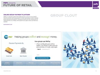 WWW.PSFK.COM 79
PSFK presents
FUTURE OF RETAIL
Consulting
group cloutOnline Group Payment Platform
WePay is a payment syst...