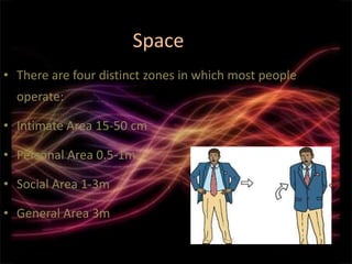 Space
• There are four distinct zones in which most people
  operate:

• Intimate Area 15-50 cm

• Personal Area 0.5-1m

• Social Area 1-3m

• General Area 3m
 