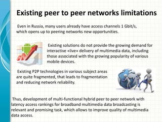Existing peer to peer networks limitations
Even in Russia, many users already have access channels 1 Gbit/s,
which opens up to peering networks new opportunities.
Existing solutions do not provide the growing demand for
interactive «live» delivery of multimedia data, including
those associated with the growing popularity of various
mobile devices.
Thus, development of multi-functional hybrid peer to peer network with
latency access rankings for broadband multimedia data broadcasting is
relevant and promising task, which allows to improve quality of multimedia
data access.
Existing P2P technologies in various subject areas
are quite fragmented, that leads to fragmentation
and reducing network reliability.
 