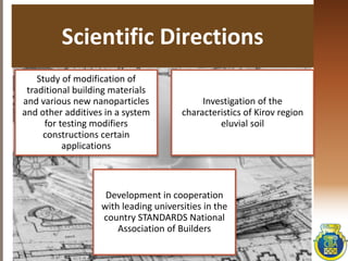 Scientific Directions
Study of modification of
traditional building materials
and various new nanoparticles
and other additives in a system
for testing modifiers
constructions certain
applications
Investigation of the
characteristics of Kirov region
eluvial soil
Development in cooperation
with leading universities in the
country STANDARDS National
Association of Builders
 