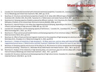 Main publications
1. Lisovskiy V.А. Economically bronze bell with enhanced mechanical properties / Lisovskiy V.А., Lisovskaya О.B., Kochetkova L.P., Phevstov
Yu.К.// Metallurgy and metals heat treatment / №5, 2007, pp. 23-25.
2. Skvortsov, А.I. Structure and mechanical properties of system Zn-Al alloys after different types of treatment // Skvortsov А.I., Аgapov А.I.,
Кondratov V.М., Shishkin V.М., Efros B.М., Tyutenko V.S. // Deformation and metals fracture/ № 8, 2007 , pp.28-31.
3. Skvortsov А.А. Damping capacity of babbits produced by different methods. / А.А. Skvortsov, B.А. Potekhin, А.S. Khristolyubov, S.B.
Mikhaylov // Bulletin of the Izhevsk State Technical University №4(40), 2008, pp.33-35.
4. Skvortsov А.I. Internal friction in iron alloys due magnetomechanical damping, depending on the strain. / Skvortsov А.I., Коndratov V.М.//
«Physics and technology of high pressure» 2008, №4. pp. 152-154.
5. Lisovskiy V.А. Compositions and the damping capacity of bell bronze. / Lisovskiy V.А., Lisovskaya О.B., Zhuravel L.М., Phavstov Yu.К.//
Metal technology № 5 , 2010.- pp. 19-21.
6. Skvortsov А.I. Phase and structural transformations and damping properties of iron-chromium alloys. / Skvortsov А.I., Melchakov М.А. //
Materials Science №10, 2011, pp.6-10.
7. Skvortsov, А.I. Effect of heat and thermal magnetic treatment on the properties of high damping iron-aluminum alloys/ Skvortsov А.I.,
Melchakov М.А., Chudakov I.B. // Metal technology № 11, 2011, pp.28-32
8. Skvortsov A. I. Analysis of inelasticity in high-damping Zn – Al alloys, gray irons, and iron alloys with internal friction of a
magnetomechanical nature. // Metal Science and Heat Treatment: September 2012, Volume 54, Issue 5-6, pp. 249-252.
9. Skvortsov, А.I Damping capacity and structure of the alloy Fe-15, 4% chromium at various temperatures thermomagnetic treatment and
preliminary annealing. / Skvortsov А.I., Melchakov М.А// Deformation and metals fracture - 2012. - № 4.- pp.22-25.
10. Skvortsov А.I. Analysis of the inelasticity in high damping alloys, zinc-aluminum, gray iron and iron alloys with a magneto nature of the
internal friction// Metallurgy and metals heat treatment.- 2012.- № 5. -pp.42-47.
11. Lisovskiy V.А. Structure, mechanical and damping properties of high-silicon bronze. /Lisovskiy V.А., Lisovskaya О.B.// Deformation and
materials fracture- 2012.№ 6.- pp. 31-34.
7
 