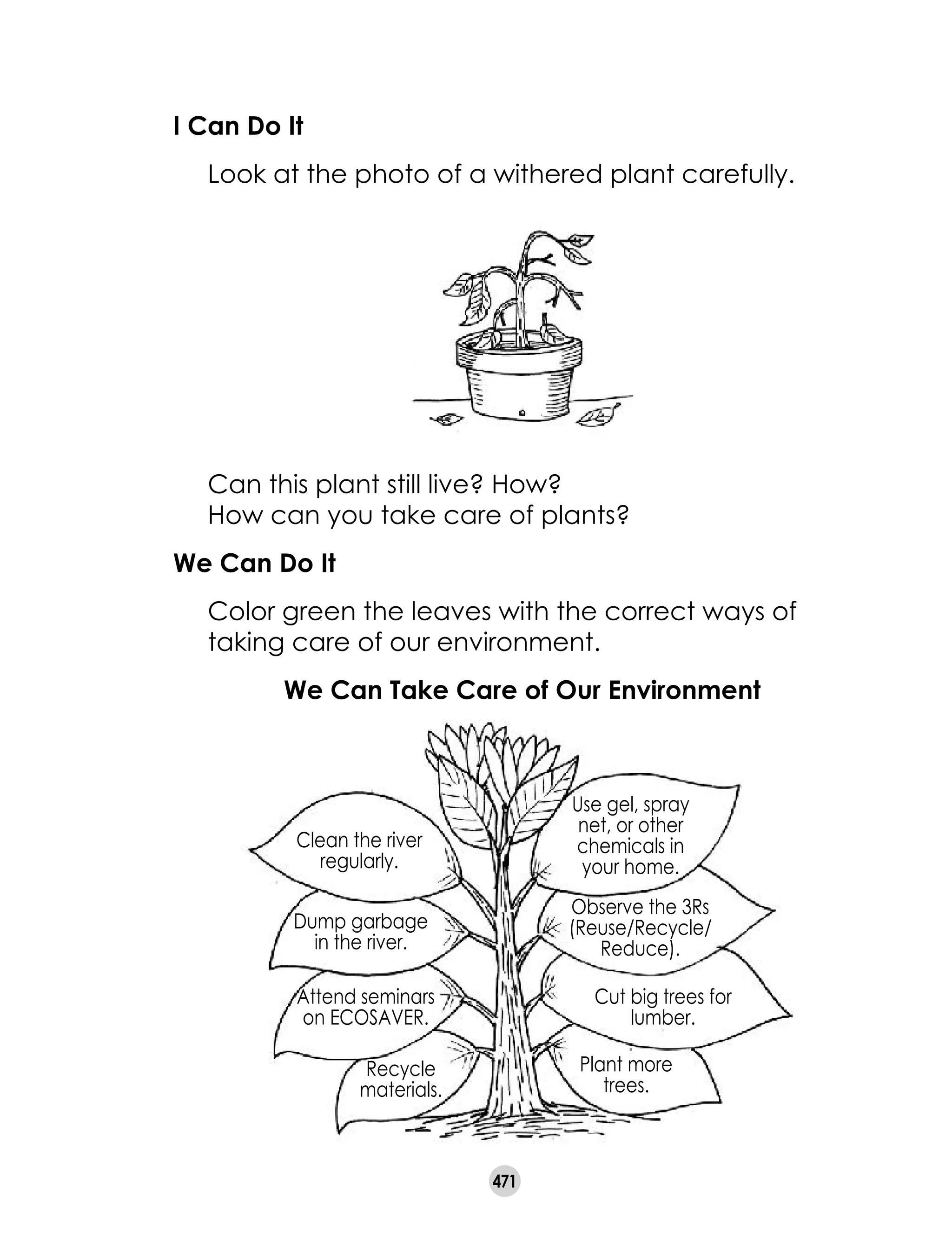 471
I Can Do It
	 Look at the photo of a withered plant carefully.
	 Can this plant still live? How?
	 How can you take care of plants?
We Can Do It
	 Color green the leaves with the correct ways of
taking care of our environment.
	 We Can Take Care of Our Environment
Use gel, spray
net, or other
chemicals in
your home.
Observe the 3Rs
(Reuse/Recycle/
Reduce).
Cut big trees for
lumber.
Plant more
trees.
Dump garbage 	
in the river.
Attend seminars
on ECOSAVER.
Clean the river
regularly.
Recycle
materials.
 