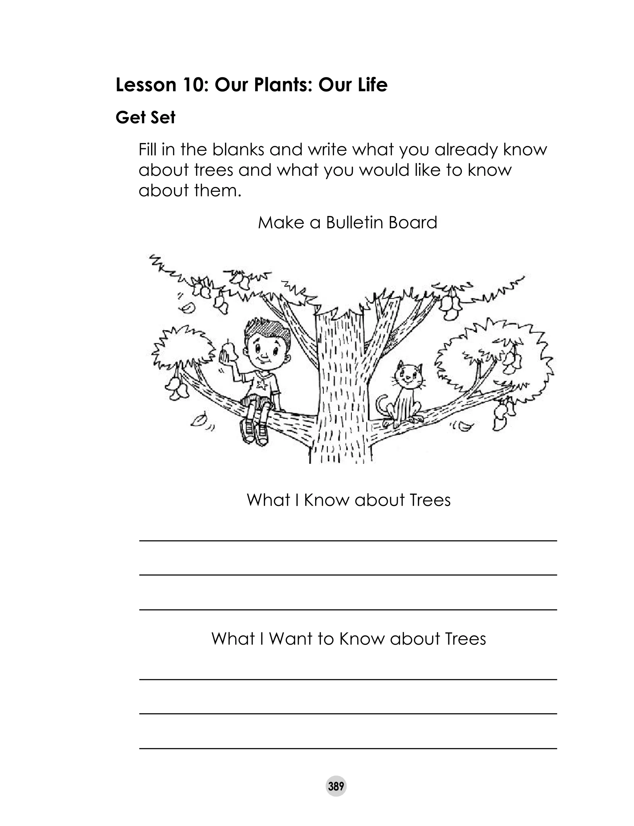 389
Lesson 10: Our Plants: Our Life
Get Set
	 Fill in the blanks and write what you already know
about trees and what you would like to know
about them.
Make a Bulletin Board
What I Want to Know about Trees
What I Know about Trees
 