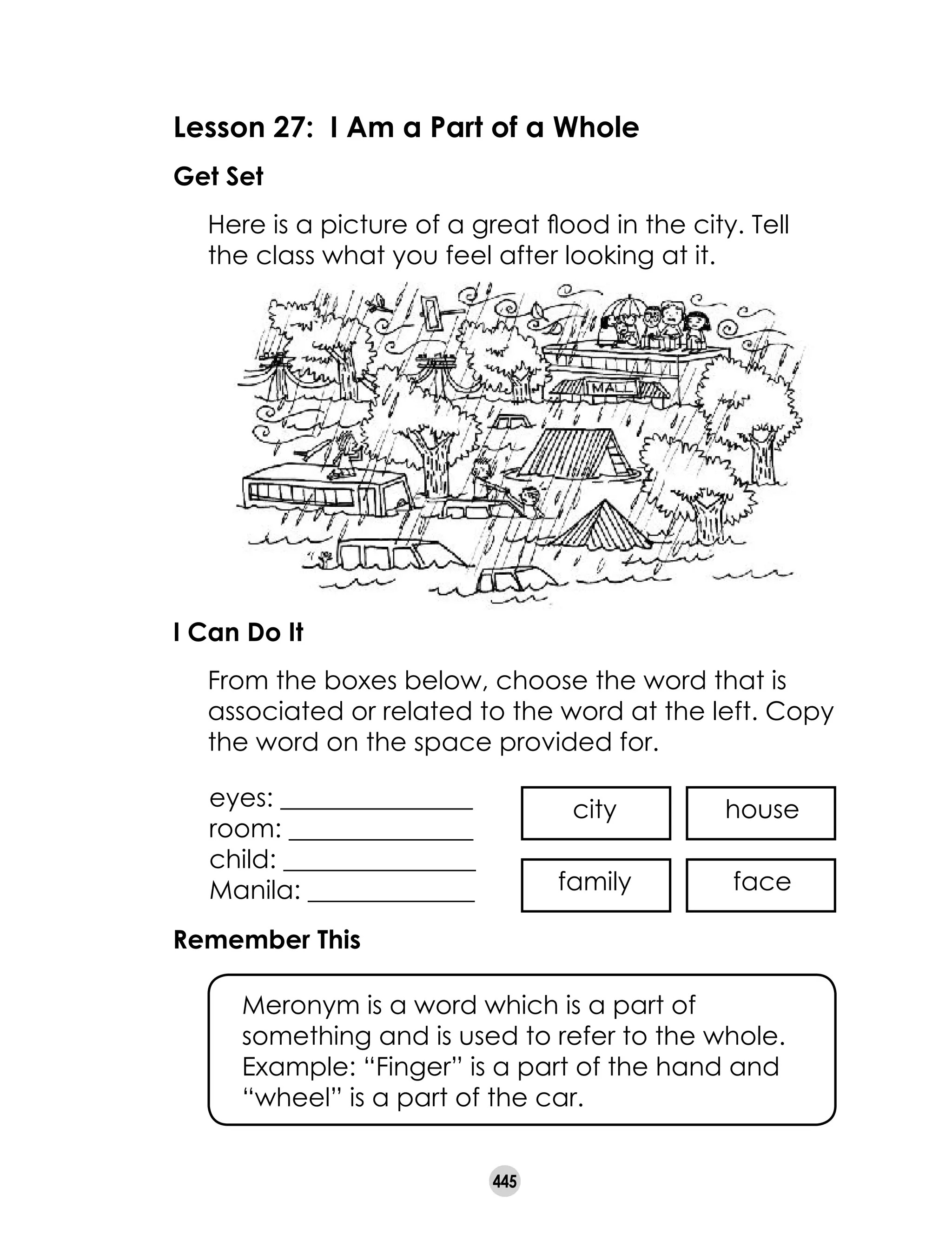 445
Lesson 27: I Am a Part of a Whole
Get Set
	 Here is a picture of a great flood in the city. Tell
the class what you feel after looking at it.
I Can Do It
	 From the boxes below, choose the word that is
associated or related to the word at the left. Copy
the word on the space provided for.
eyes: _______________
room: _______________
child: _______________
Manila: _____________
housecity
facefamily
Remember This
  	 Meronym is a word which is a part of 	
something and is used to refer to the whole.	
Example: “Finger” is a part of the hand and
“wheel” is a part of the car.
 