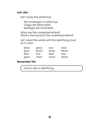 Let’s Aim
	

Let’s study the sentences.
	
	
	

The scarecrow is a bird trap.
Crows are black birds.
Sparrows are small birds.

	
	

What are the underlined letters?
What is the sound of the underlined letters?

	

Let’s read the words with the diphthong /ow/ 	
as in crow.
	
	
	
	

blow	
bow	
flow	
glow	

grow	
know	
low	
mow	

row	
show	
slow	
snow	

Remember This
	

/ow/ is also a diphthong.

347

stow
throw
tow
arrow

 