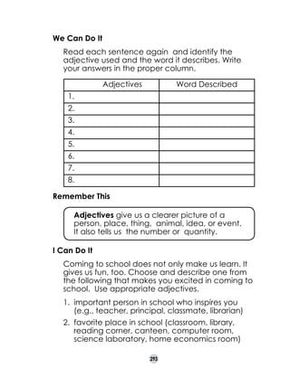 We Can Do It
	

Read each sentence again  and identify the
adjective used and the word it describes. Write
your answers in the proper column.
          Adjectives

Word Described

1.
2.
3.
4.
5.
6.
7.
8.
Remember This
	

Adjectives give us a clearer picture of a
person, place, thing,  animal, idea, or event.
It also tells us  the number or  quantity.

I Can Do It
	

Coming to school does not only make us learn. It
gives us fun, too. Choose and describe one from
the following that makes you excited in coming to
school.  Use appropriate adjectives.
1.	 important person in school who inspires you
(e.g., teacher, principal, classmate, librarian)
2.	 favorite place in school (classroom, library,
reading corner, canteen, computer room,
science laboratory, home economics room)
293

 