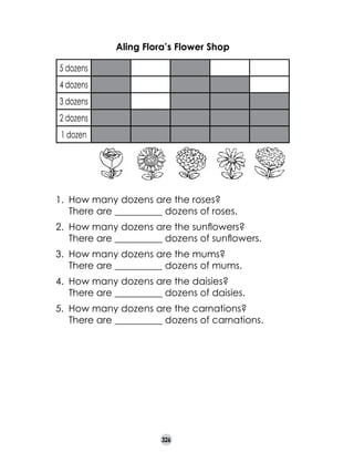 Aling Flora’s Flower Shop
5 dozens
4 dozens
3 dozens
2 dozens
1 dozen

1.	 How many dozens are the roses?
	 There are __________ dozens of roses.
2.	 How many dozens are the sunflowers?
	 There are __________ dozens of sunflowers.
3.	 How many dozens are the mums?
	 There are __________ dozens of mums.
4.	 How many dozens are the daisies?
	 There are __________ dozens of daisies.
5.	 How many dozens are the carnations?
	 There are __________ dozens of carnations.

326

 
