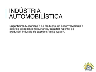 INDÚSTRIA
AUTOMOBILÍSTICA
Engenheiros Mecânicos e de produção, no desenvolvimento e
controle de peças e maquinários, trabalhar na linha de
produção. Industria de exemplo: Volks Wagen.
 