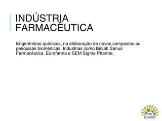 INDÚSTRIA
FARMACÊUTICA
Engenheiros químicos, na elaboração de novos compostos ou
pesquisas biomédicas. Industrias como Biolab Sanus
Farmacêutica, Eurofarma e SEM Sigma Pharma.
 